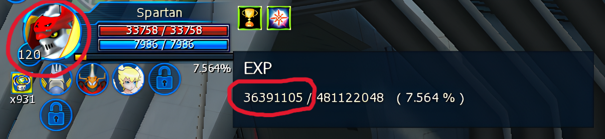Screenshot showing current level on the left and current EXP on the right in the DMO status window